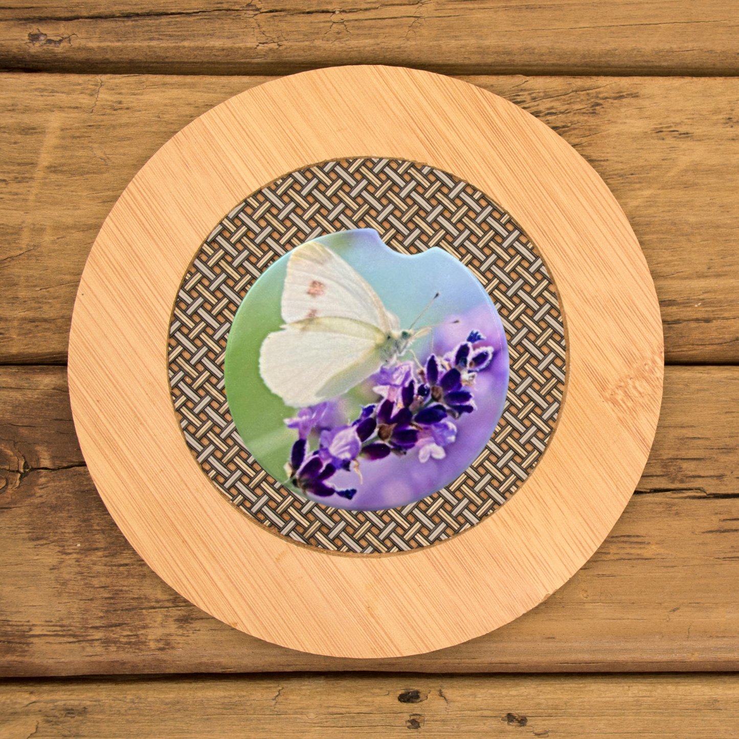 Car Coasters - White Butterfly and Purple Flowers