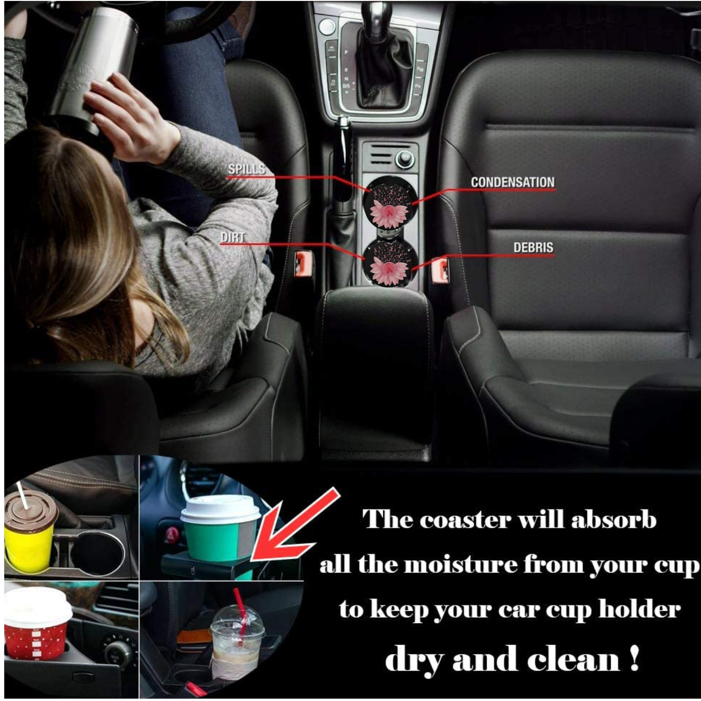 Car Coasters - Breast Cancer Awareness Pink Flowers