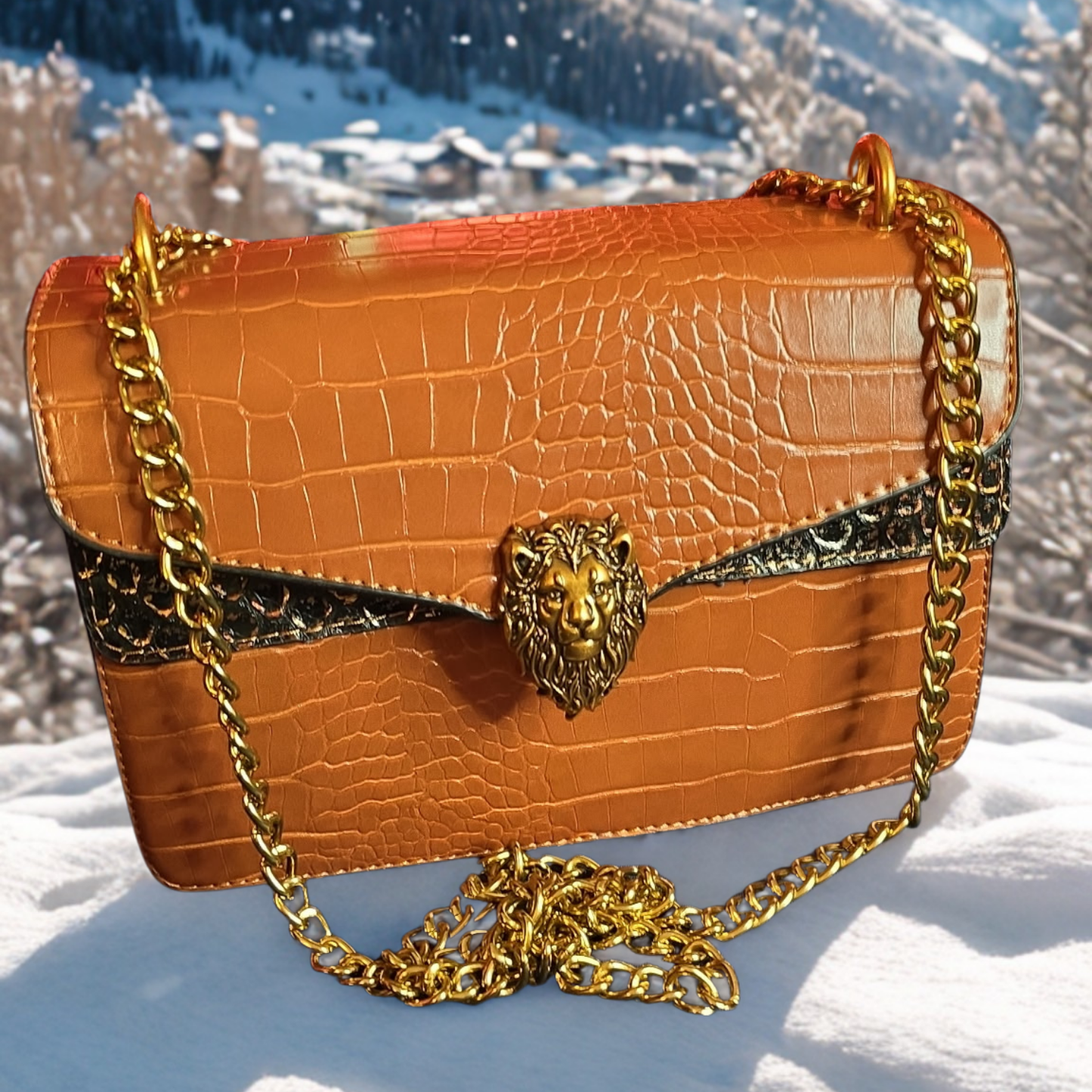 Elegant Caramel and Black Croc-Pattern Purse with Lion Clasp