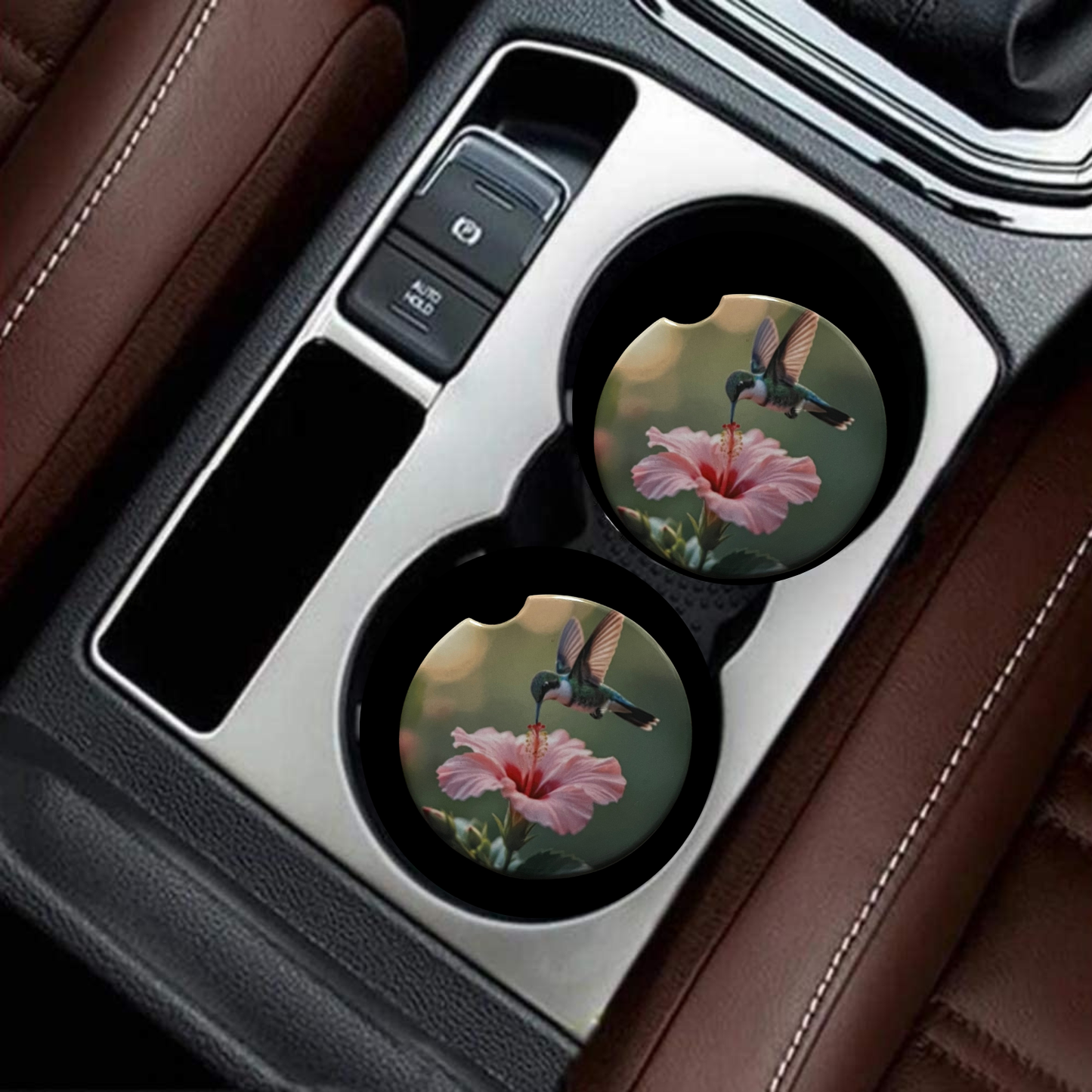Car Coasters - Hummingbird and Pink Hibiscus