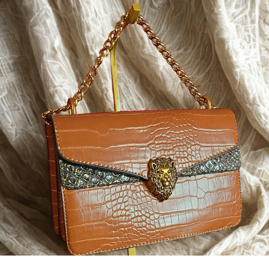 Elegant Caramel and Black Croc-Pattern Purse with Lion Clasp