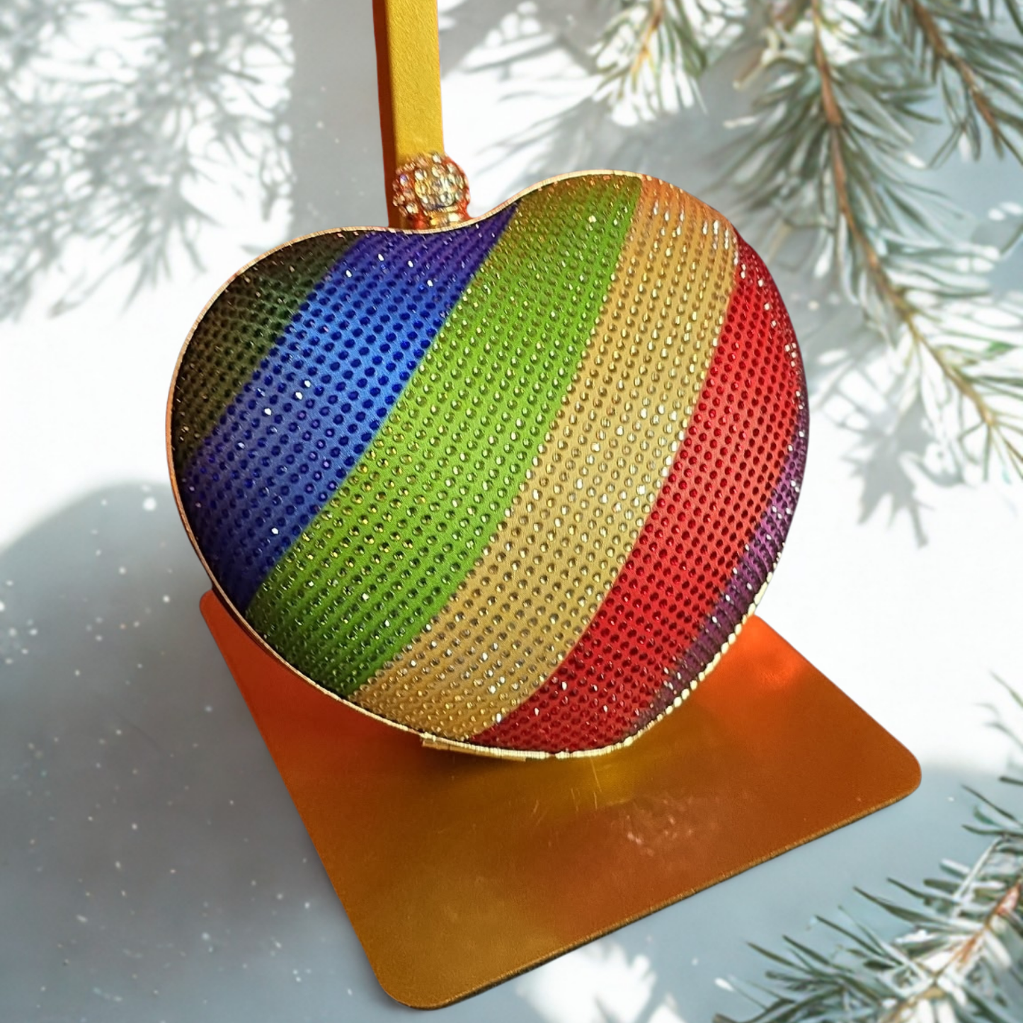 Elegant Rainbow Heart Shaped Rhinestone Clutch Purse with Shoulder Strap