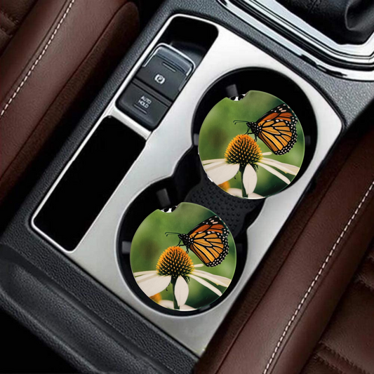 Car Coasters - Monarch Butterfly and White Daisies