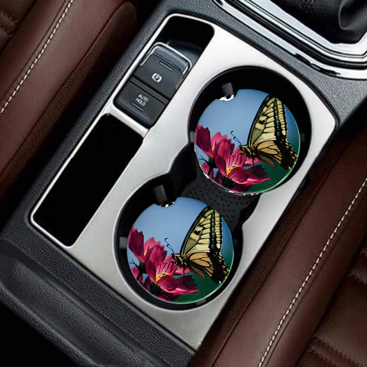 Car Coasters - Monarch Butterfly and Hibiscus Flowers