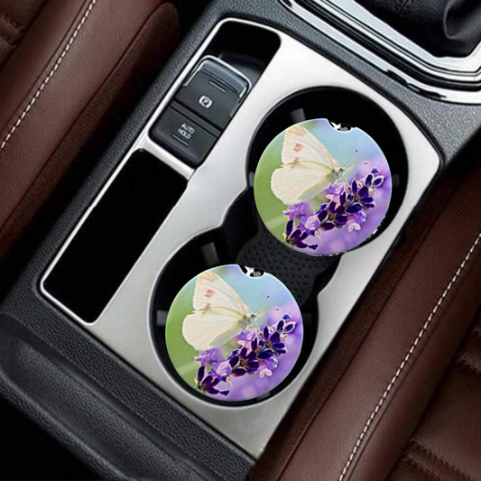 Car Coasters - White Butterfly and Purple Flowers